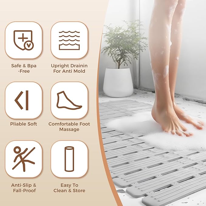 PuoWeo Bathtub Mat Non Slip for Bathroom with Suction Cups and Drain Holes 35.4 * 15.7 Shower Mat for Inside Shower, Quick Dry Bath Mat for Baby Kids Seniors Pregnants Adults, Easy to Cut, Easy Dry