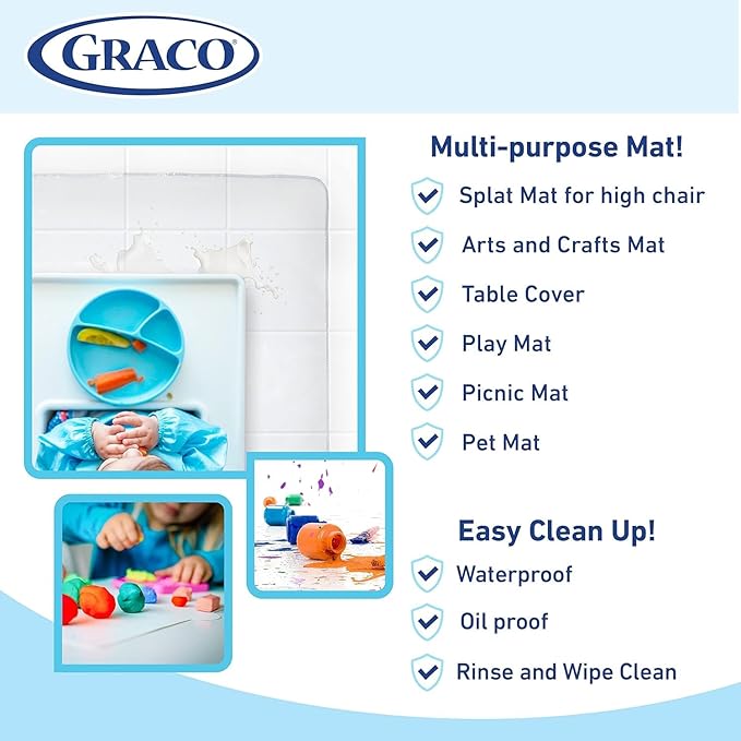 Graco Under High Chair Mat - Waterproof & Washable Plastic Food/Spill Catcher - 50" Eating, Painting & Art Floor Cover, Clear (Pack of 2)
