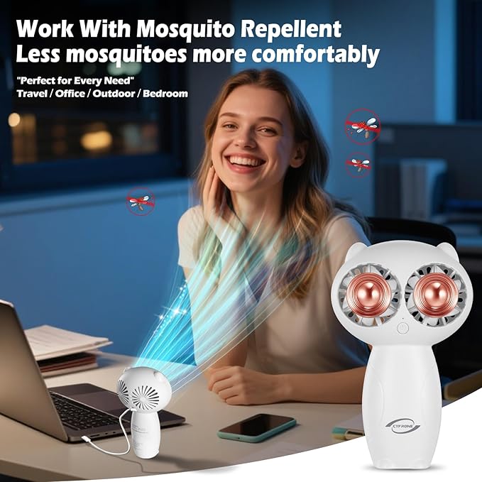 Portable Aroma Handheld Fan - Rechargeable 6000mAh Battery USB-C Owl Shaped with Clip Mini Personal Turbo Travel Essentials (White)