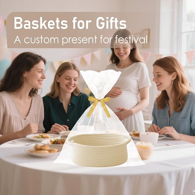 JMvicyroam Woven Basket,Small Rope Storage Bin with Handles & Ribbon Bag, Organizer for Shelves Closets,Gift Basket Empty for Birthday,Books,Dog Toys,Beige/2 Pack