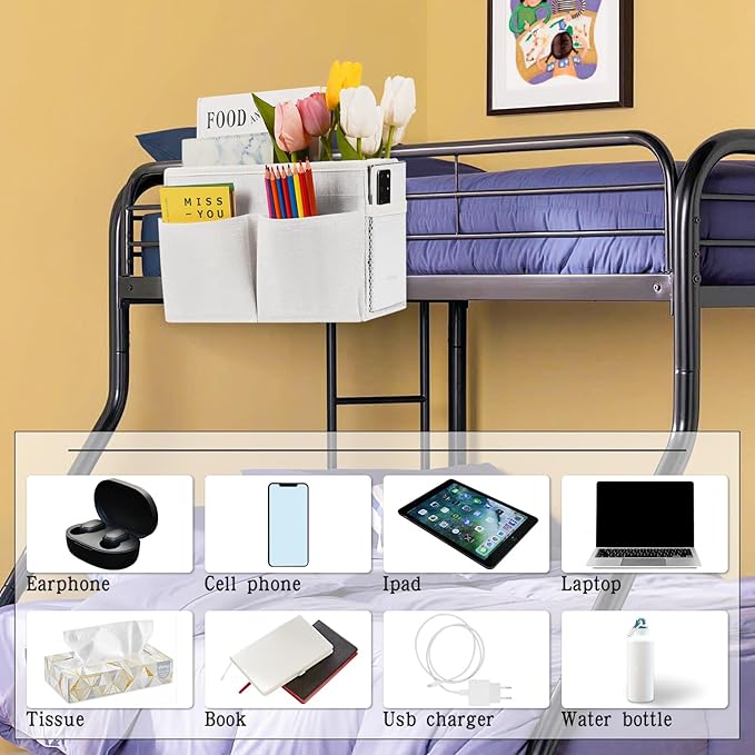 Retyion Bedside Caddy White Bedside Hanging Storage Basket Bed Caddy for Headboards Bunk Dorm Rooms Crib Beds Rails Organizer (White)