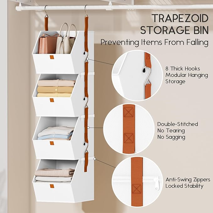 Homsorout Hanging Closet Organizer 4 Tier - Clothes Hanging Shelves, Space-Saving Closet System, Fabric Storage Bins Bedroom Organization, Collapsible Baskets for Home, Dorm, Rv, White, 2 Pack