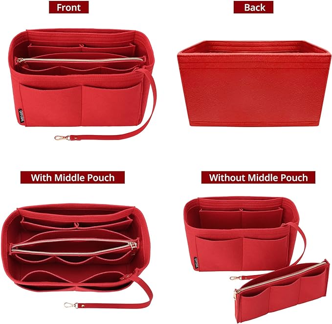 OPPOSHE Purse Organizer Insert for Handbags, Softened Felt Bag Insert Organizer for Tote, Compatible with LV, Coach, MK, Kate Spade, Goyard, Longchamp (Red, Large)