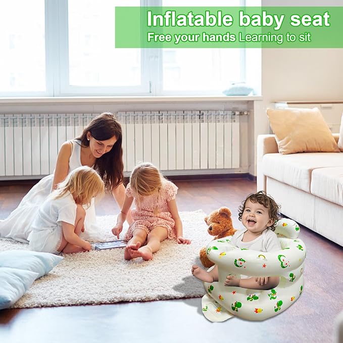 Inflatable Baby Seat for Babies 3-36 Months, Baby Chair with Fence & Built in Air Pump, Blow Up Floor Seat with Back Support, Inflatable Infant Chair Sit Me Up for Home, Travel Green Dinosaur