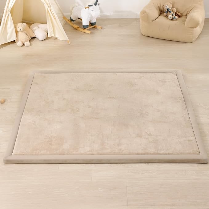 1.3" Thick Baby Floor Play Mat, 59x79 Padded Foam Tummy Time Crawling Mat, Non-Slip Water-Repellent Soft Plush Nursey Area Rug for Playroom Bedroom Living Room (Beige)