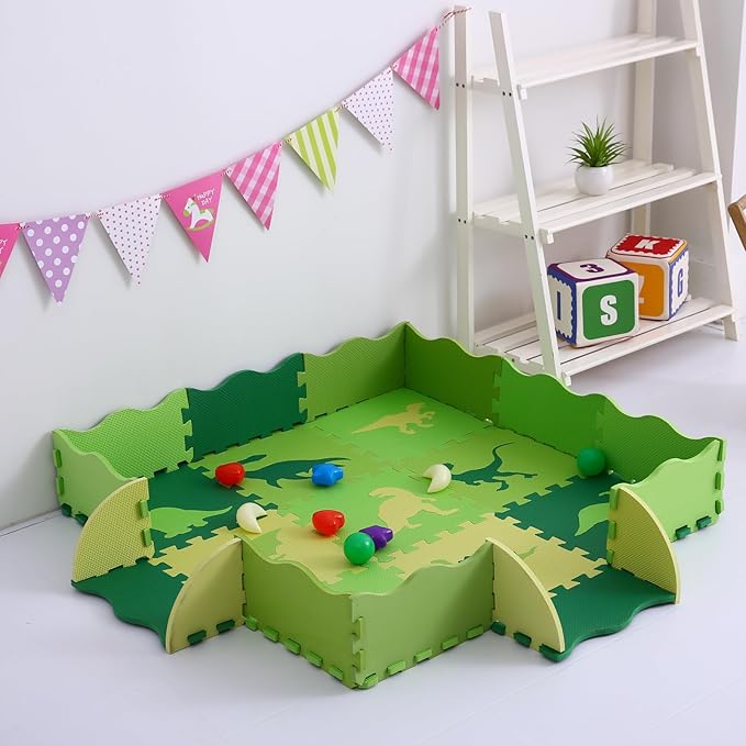 Tamiplay Foam Play Mat for Kids，25Pcs Square Interlocking Puzzle Floor Mat，Baby Play Mat Floor Mat Foam Puzzle Playmat for Toddlers with Fence - Green Dinosaurs