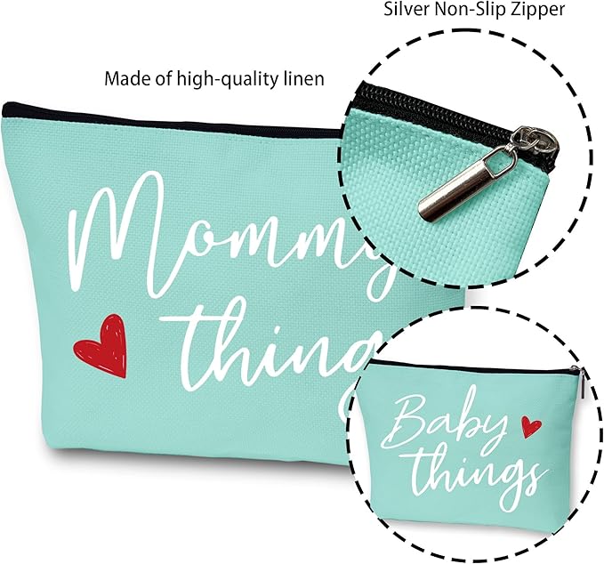 Mommy and Baby Matching Pouch Set, Mommy Things and Baby Things Bags, Gifts for New Moms Expecting Moms, Matching Travel Cases, Green Set of 2