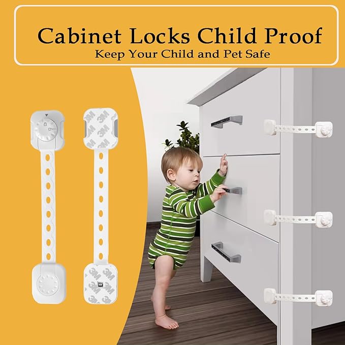 Fursafe&Q Child Safety Cabinet Locks, Baby Cabinet Locks Adhesive Adjustable Child Safety Strap Locks Drawer Fridge Ovens Toilet Latches No Screws for Furniture Kitchen White 2Pack