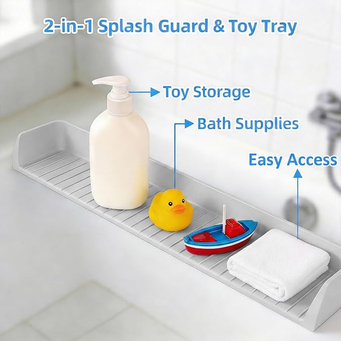 Bathtub Splash Guard for Kids - 31 Inch Silicone Tub Side Shelf with Strong Suction Cups, Toy Tray Holder to Prevent Water Spills, Keep Bathroom Dry (Gray)