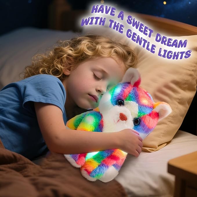 Glow Guards Light up Rainbow Cat Stuffed Animal Soft Kitty Plush Toy with LED Night Light Christmas Children's Day Birthday Gifts for Toddlers Kids Boys and Girls Children, 13''