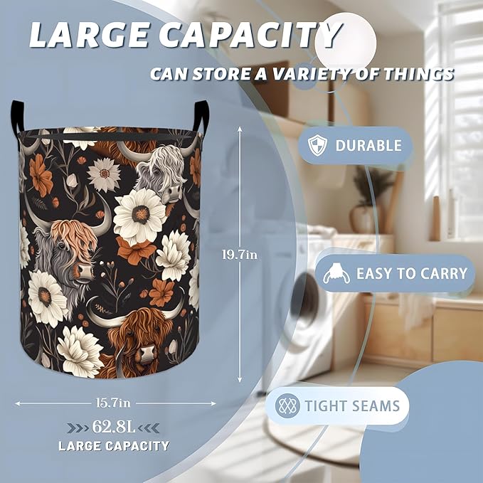 Cute Highland Cow and Flowers Laundry Basket with Handles, 19.7"x15.7" Clothes Foldable Laundry Hamper Organizer for Dorm Nursery Bedroom Bathroom Decor, Toy Storage Bin for Kids