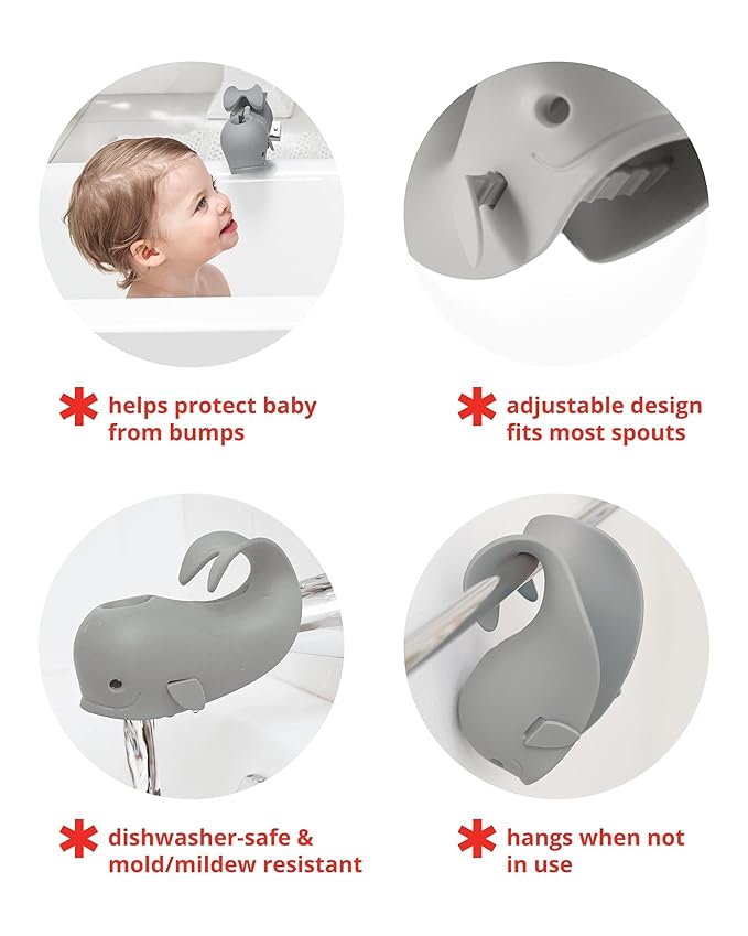 Skip Hop Baby Bath Spout Cover, Bathtub Faucet Cover with Soft Rubbery Material, Dishwasher-Safe, Easy-to-Adjust Straps and Tail Hook for Hanging, Fits Most Tub Spouts, MOBY, White
