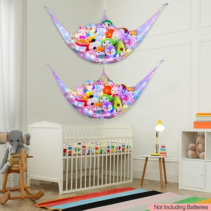 Unicorn Castle Stuffed Animals Net or Hammock Kids Toy Storage Organizer with LED Light Hanging Corner Stuffed Animals Holder Kids Girls Room Decor,Blue-Purple,Large (Pack of 2)