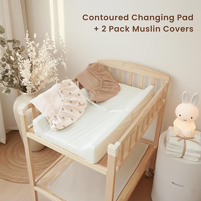Konssy Muslin Changing Pad with Waterproof Lining Foam, Includes 2 Pack Soft & Cotton Cover, Baby Diaper Changing Pad for Dresser or Table, 32x16 inches (Sun,Camel)