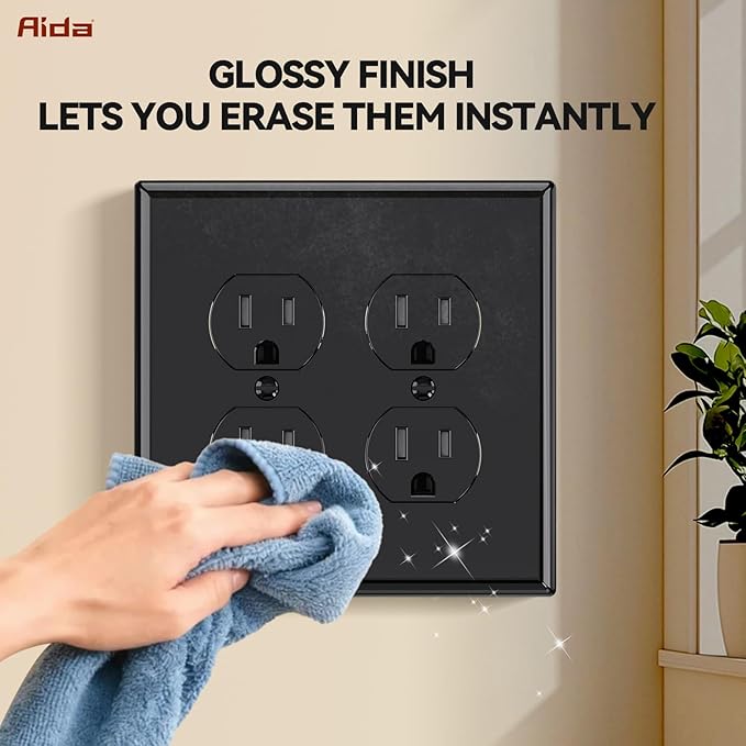AIDA 2-Gang Duplex Receptacle Wall Plates, 4.88"H x 4.94"L Mid-Size Unbreakable Thermoplastic Cover for Outlets, UL Listed (1 Pack, Glossy Black)