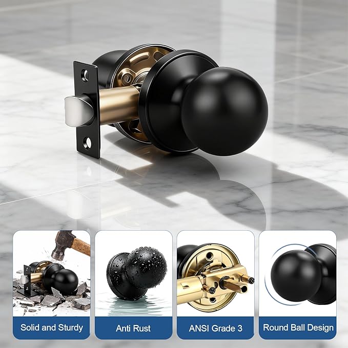 Knobonly 2 Pack Keyless Indoor Door Knob, Matte Black Passage Door Knobs, Interior Door Knobs, Stainless Steel