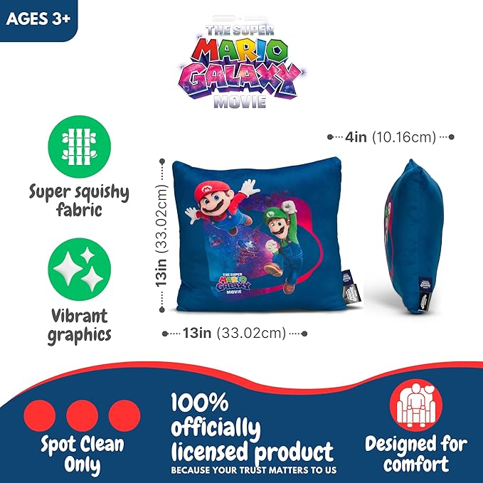 The Super Mario Galaxy Movie Kids Squishy Plush Throw Pillow, Soft Decorative Cushion for Bedroom Décor & Gifts, 13 Inch, Mario, Luigi & Princess Peach (100% Officially Licensed Product) By Franco