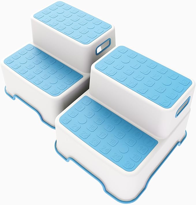 ZLMHYYM Toddler Step Stool for Bathroom Sink, 2 Pack Step Stool for Kids, Plastic Potty Training Toilet Stepping Stools, Child and Baby Lightweight&No-Slip Two Step Stools for Kitchen(Off-White/Blue)