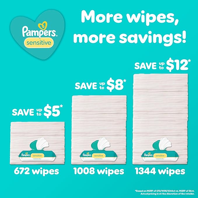Pampers Sensitive Baby Wipes, Clinically Proven, Fragrance Free, Unscented, Water Based, Hypoallergenic, Multi-Use, Hand Wipes 336 Wipes Total (6X Flip-Top Packs) [Packaging May Vary]