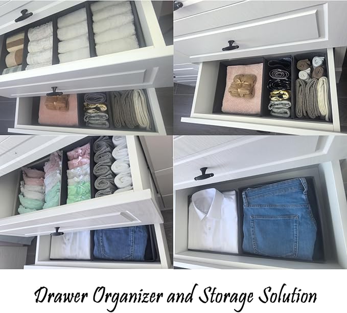 Foldable Fabric Drawer Organizer Set 4 Pack Dresser Dividers - Sock Underwear Storage Bins Gray