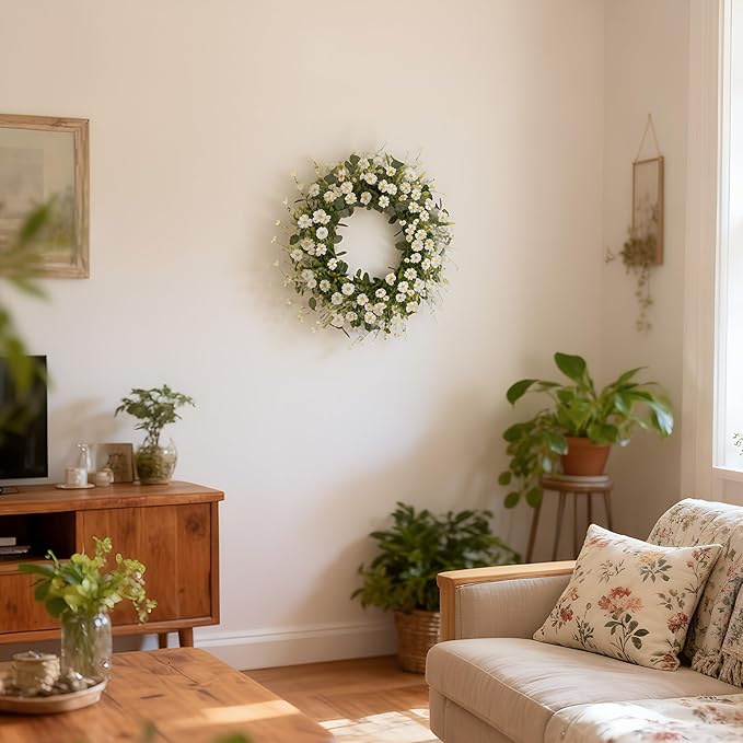 Pinkpum 22 Inch Artificial Daisy Flower Wreath with Eucalyptus Leave Silk Flower White Berries Spring Summer Wreath for Front Door Wall Decor