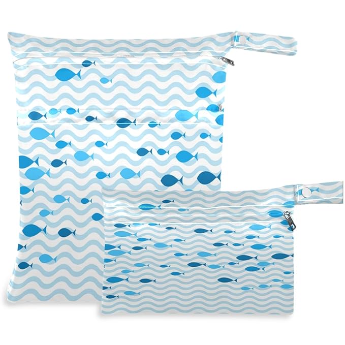 visesunny Blue Fish Sea Waves 2Pcs Wet Bag with Zippered Pockets Washable Reusable Roomy for Travel,Beach,Pool,Daycare,Stroller,Diapers,Dirty Gym Clothes, Wet Swimsuits, Toiletries