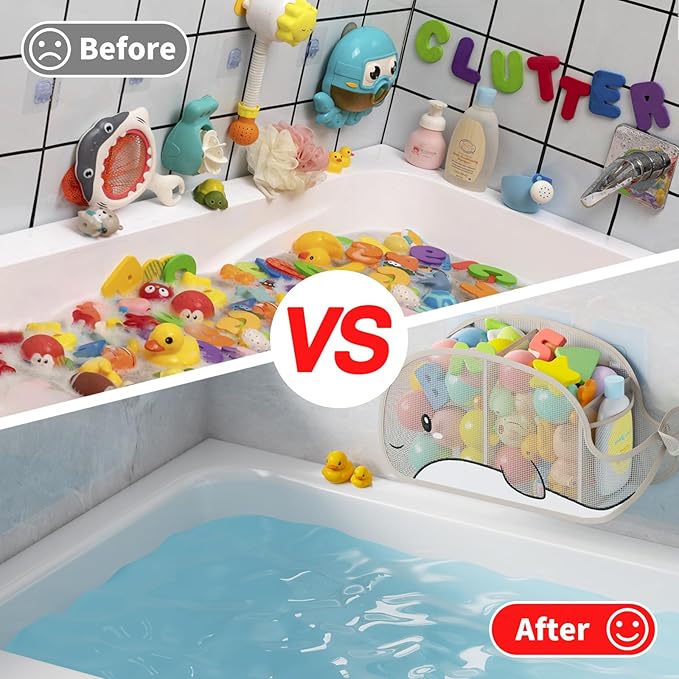 Quick-Drying Baby Bath tub Toy Organizer Storage for Bathroom, Large-Capacity mesh Bath Toy Holder for Bathtub, Convenient for Quick Access, Whale-Shaped Design (Gray)