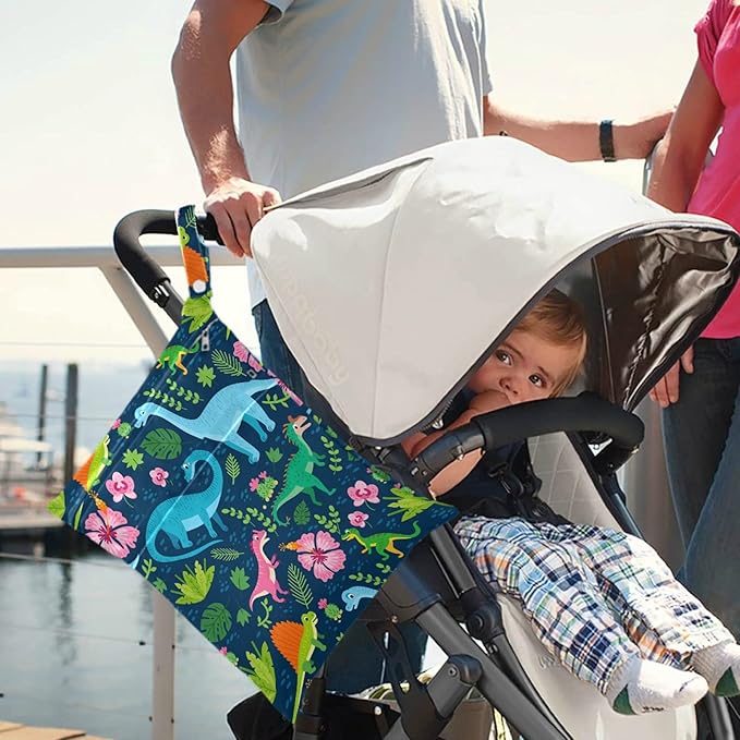 visesunny Dinosaur Tropical Leaf Flower 2Pcs Wet Bag with Zippered Pockets Reusable Roomy Diaper Bag for Travel,Beach,Pool,Daycare,Stroller,Diapers,Dirty Gym Clothes, Wet Swimsuits, Toiletries