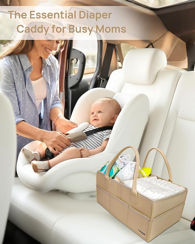 Feagar Baby Diaper Caddy Organizer, 15 Inch Large with 8 Pockets & 2 Dividers, Portable Nursery Storage Basket & Car Organizer for Changing Table, Travel (Khaki)