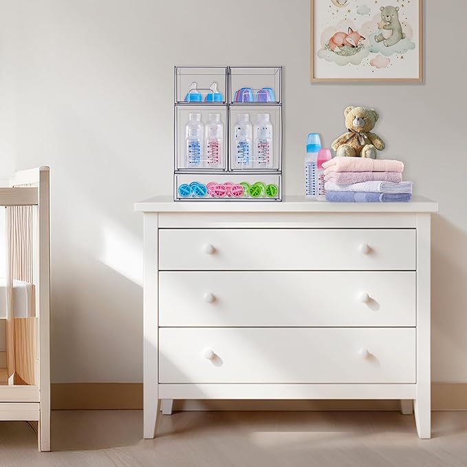 Sorbus Stackable Acrylic Storage Drawers – 2 Small + 1 Wide – 3 Pack Clear Plastic Organizer Bins for Baby Bottles, Makeup, Bathroom & Vanity, Pull-Out Drawer Design for Kitchen Cabinets