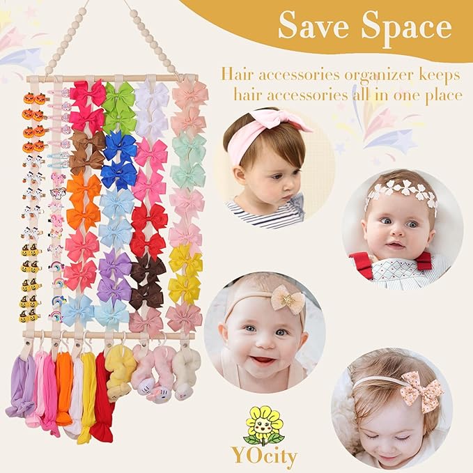 YOcity Bow Organizer for Girls Baby Headband Holder Bow Holder for Kids Hair Accessory Storage Headband Organizer for Girls Wall Room Baby Nursery Decors (Beige)