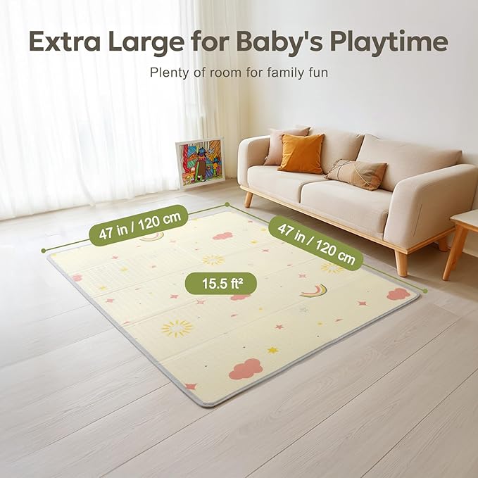 Mallify Foldable Play Mat, Reversible Baby Play Mat with Edge Reinforcement, Non-Toxic & Waterproof Baby Mat for Floor, Foam Playmat for Infants Toddlers, Rainbow, Cloud & Moon, 50''x50''