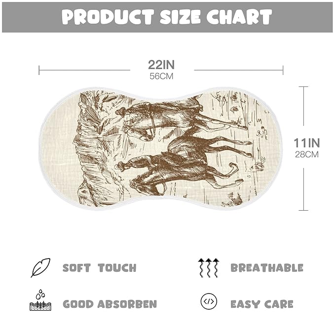 Muslin Baby Burp Cloths Set of 4, Soft Absorbent Western Desert Cowboy Muslin Washcloths, Bibs, Face Towel for Newborn Boys Girls, 22 x 11 Inch