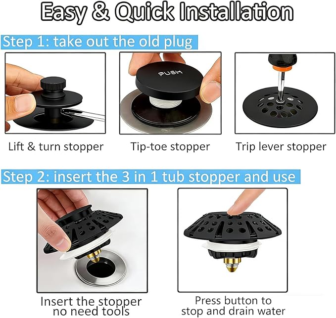 AzWzz Bathtub Drain Stopper, Pop Up Tub Stopper Plug with Bathtub Drain Hair Catcher Cover, Universal for 1.45 in to 1.8 in Tub Drain, Matte Black