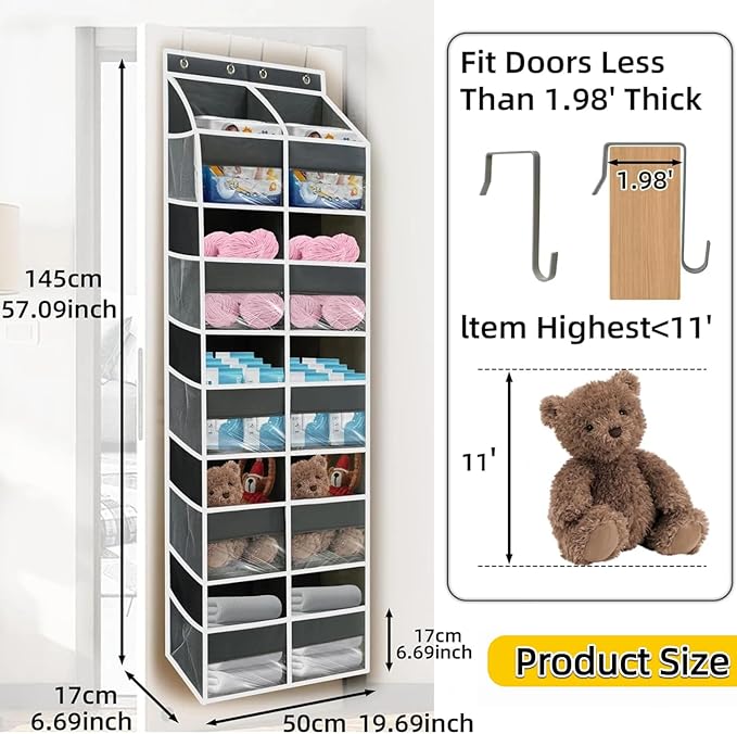 5 Tier Over the Door Organizer with 10 Clear Pockets & 10 Mesh Pockets - Extra Large Behind Door Storage for Closet, Nursery, Bedroom, Pantry | Diaper & Toy Organizer (Gray)