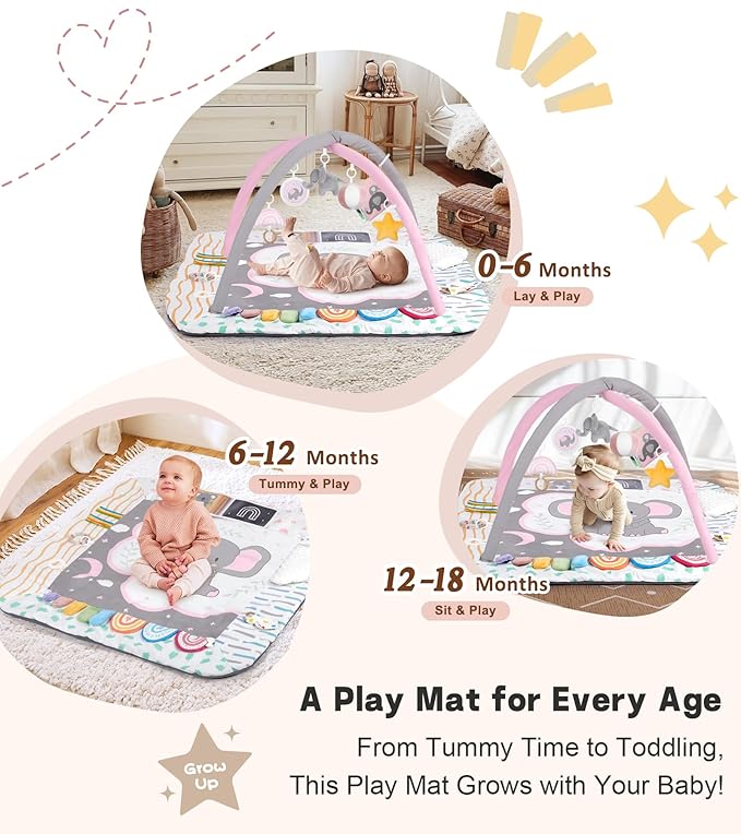 Baby Play Mat Activity Gym with Tummy Time Pillow, 6 Developmental Zones Tummy Time Mat, 6 Detachable Sensory Toys and Educational Cards, Essential Baby Shower Set, Pink Elephant