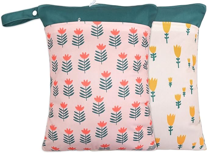 2 Pack Wet Dry Bags for Baby Cloth Diapers&Breast Pump Parts, Waterproof Reusable Wet Bag with Two Zippered Pockets & Handle, Beach Pool Gym Bag Stroller Yoga Toiletries Daycare Organizer for Swimsuit Wet Clothes, 11.8 inch x 15.7inch
