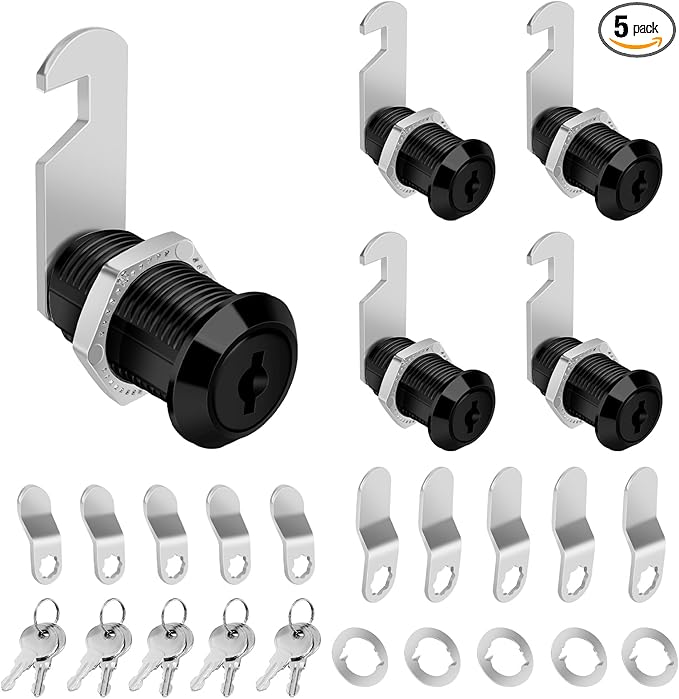 1-1/8" Cabinet Cam Lock with Keys 5PCS Black Cabinet Locks Keyed Alike Secure Files Drawers RV Storage Locks Replacement Set, Black Finish (1-1/8 Inch 5Pcs)