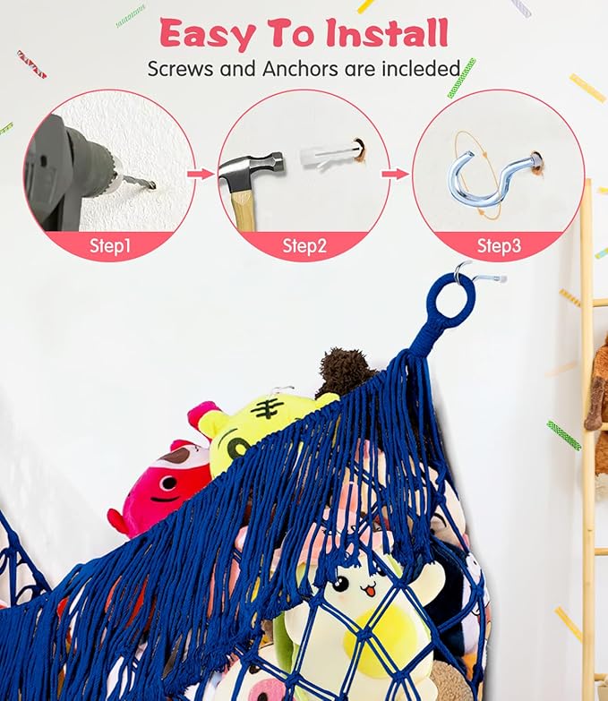 Stuffed Animal Hammock - Extra Large 63'' Long, Stuffed Animal Storage, stuffed animal Holder net, Hammock Large, Storage Hanging Organizer - Sapphire blue