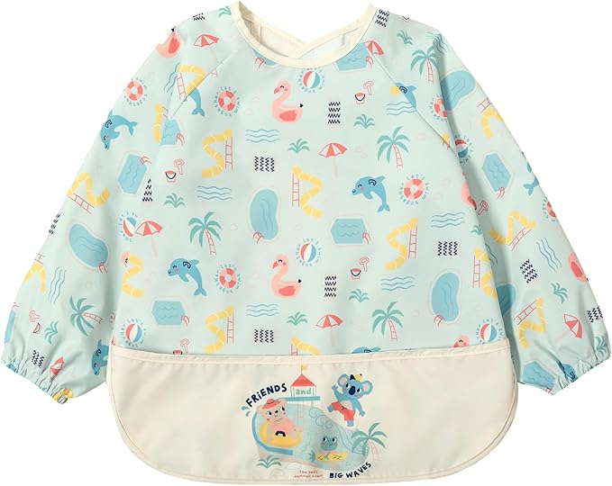 Little Dimsum Mess-Proof Baby Bibs|Infant Toddler Long Sleeve Waterproof Feeding Smock|Catching Food & Wipe Clean