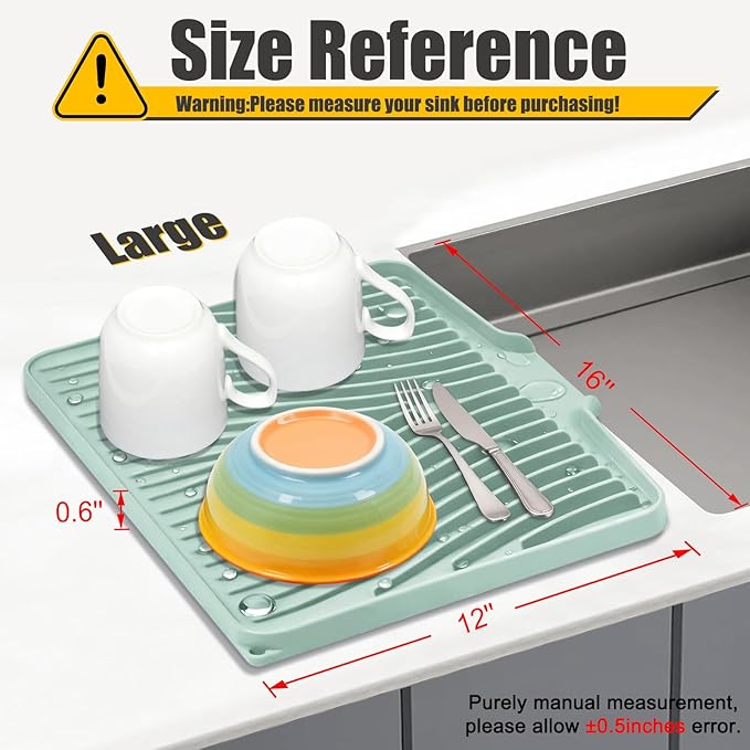 Silicone Dish Drying Mat for Kitchen Counter, Dish Drying Pad, Non-Slip Drain Pad with Built-in Drain, Heat Resistant Stone Drying Mat(16" x 12", Mint)