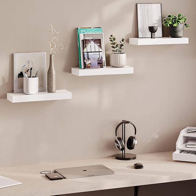 Ballucci Floating Shelves, 16" Wood Wall Shelf Set of 3, Invisible Brackets Floating Shelf for Wall Decor Living Room, Bathroom, Bedroom, Kitchen, 6" Depth, White