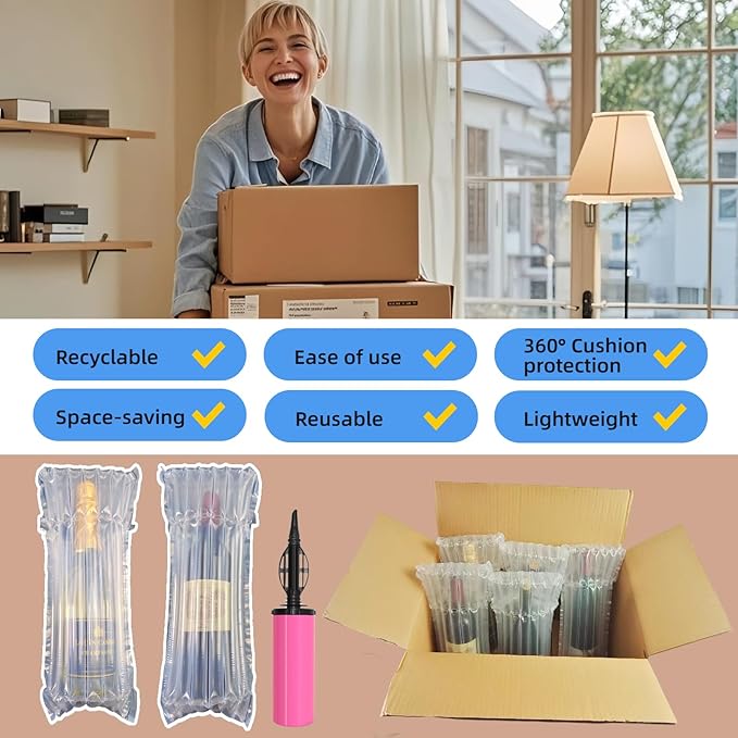 Hijelyn 10 Pack 65um Thick Inflatable Bottle Shipping Packaging Alternative to Wine Boxes for Shipping Bottle Shipper Wine Packaging for Air Travel, Liquor Protector for Luggage Bubble Bags with Pump