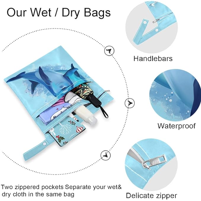 visesunny 2Pcs Wet Bag with Zippered PocketsBlue Dolphin Animal Washable Reusable Roomy Bags for Travel,Beach,Pool,Daycare,Stroller,Diapers,Dirty Gym Clothes, Wet Swimsuits, Toiletries