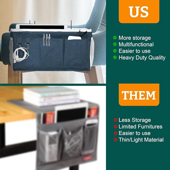 Bedside Caddy Organizer Hanging Storage Bag with Pockets for Books, Magazines, Phone, Tablet & Water Bottle – Bedside Storage for Dorm, Bunk Beds, Hospital Beds & Cribs,Blue