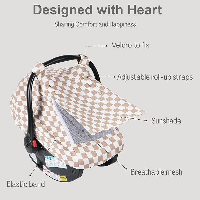 Summer Muslin Car Seat Cover for Baby – Breathable & Privacy Canopy with Large Mesh Window,3 Adjustable Modes,Easy Install Universal Fit for Infant Car Seats (Khaki Checkered)