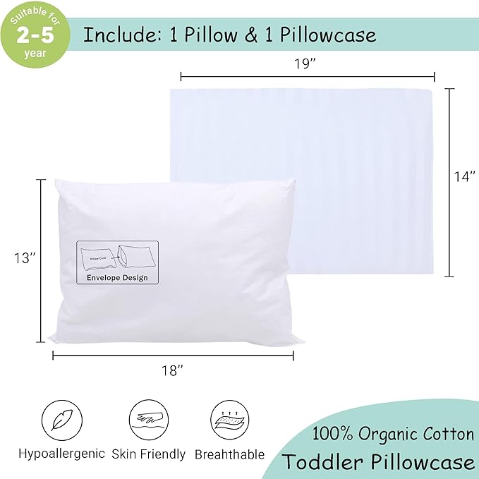 ZPECC Toddler Pillow with Pillowcase - 13x18 Organic Cotton Hypoallergenic Kids Pillow, Baby Essentials for Travel Crib Daycare Stroller (Intended for Age 2 and up) White Stripe