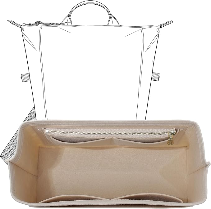 Premium Felt Purse Organizer Insert Compatible with Long Champ Le Pliage L Backpack, Lightwieight Bag Divider Shaper with 8 Pockets & YKK Zipper, Beige/LB
