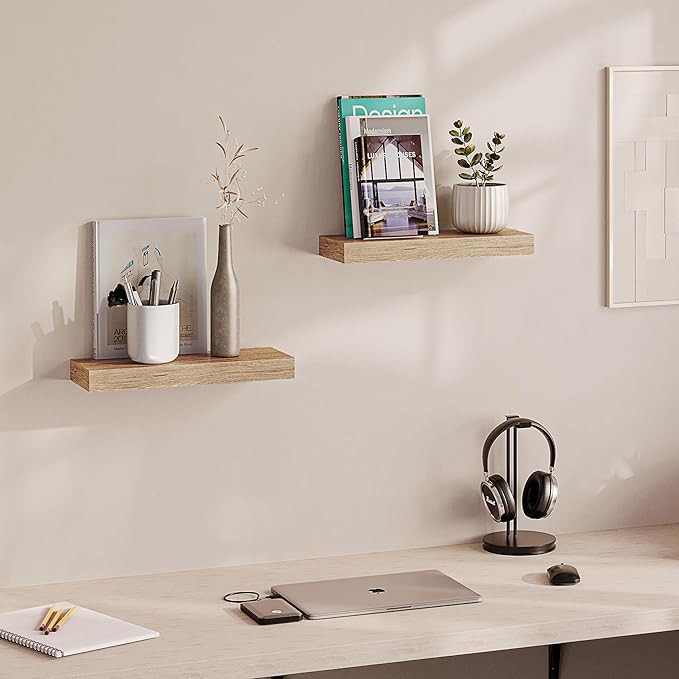 Ballucci Floating Shelves, 16" Wood Wall Shelf Set of 2, Invisible Brackets Floating Shelf Bathroom Wall Decor, Living Room, Bedroom, Kitchen, Nursery, 6" Deep, Natural Oak