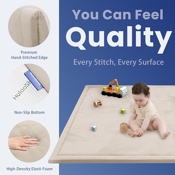 Large 79"x110" Baby Activity Play Mat for Floor,1.3" Thick Elasti Foam Cushion Mat for Tummy Time & Crawling,Non-Slip&Safe for Infants,Toddlers & Kids, for Living Room,Classroom & Playroom（Beige)